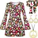 70s 80s Women Hippie Costume Set Disco Outfit Peace Sign Earring Necklace Headband Dress for Women Halloween Party XL
