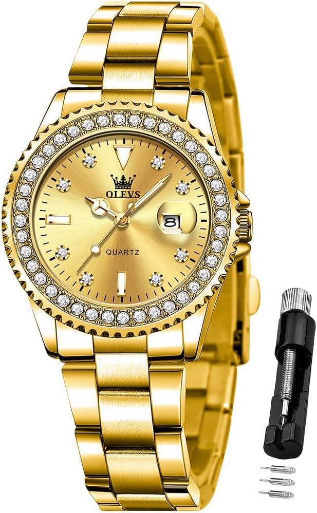 OLEVS Ladies Watch Diamond Dress Quartz Analog Female Watches Stainless Steel Two Tone Waterproof Luminous Day Date for Womens Wrist Watch Gift (all gold watch)