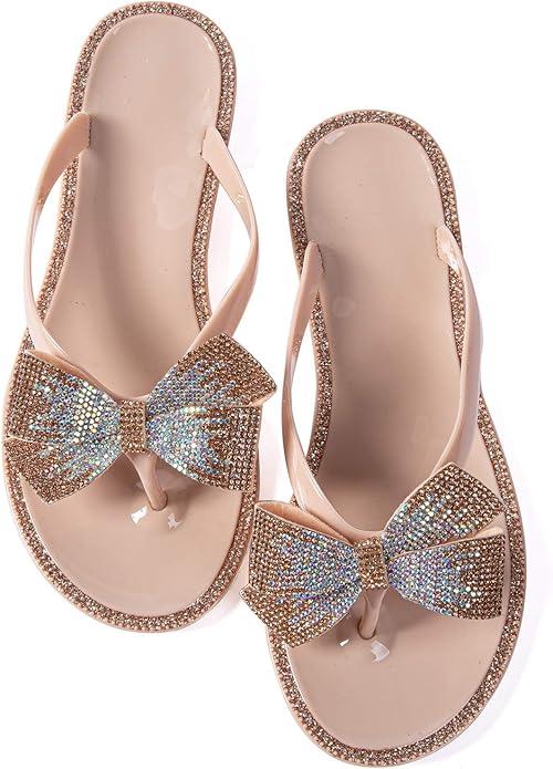 Mtzyoa Women Flip-Flops Flat Sandals Jelly Bow Beach Flat Rivets Rain Cute Dressy Summer Sandals 42