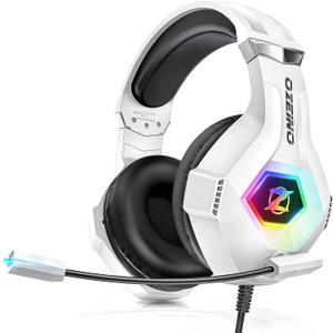 Ozeino Gaming Headset for PC, Ps4, Ps5, Xbox Headset with 7.1 Surround Sound Gaming Headphones with Noise Canceling Mic, LED Light Over Ear Headphones for Switch, Xbox Series X/S, Laptop, Mobile White