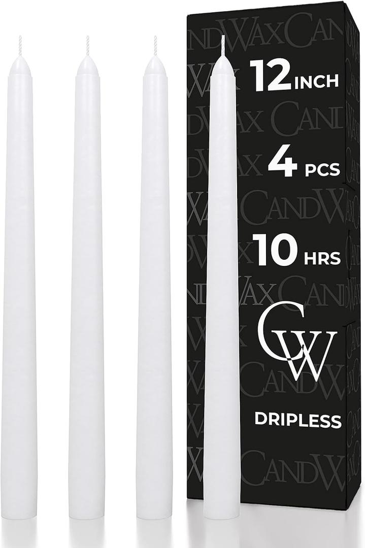 CANDWAX 12 inch White Taper Candles - Set of 4 Tapered White Candle Sticks Ideal for Christmas Decor - Unscented Dripless Smokeless Long Burning Tall Candles - Christmas Candlesticks for Home Decor
