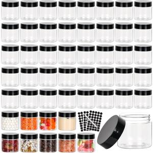 50pcs 2 oz Clear Plastic Round Jars with Black Lids, 2oz 60ml Leak-Proof Wide-Mouth Cosmetic Storage Containers for Kitchen Use, Beauty Products, Cream, Scrubs, Bath Salt and More