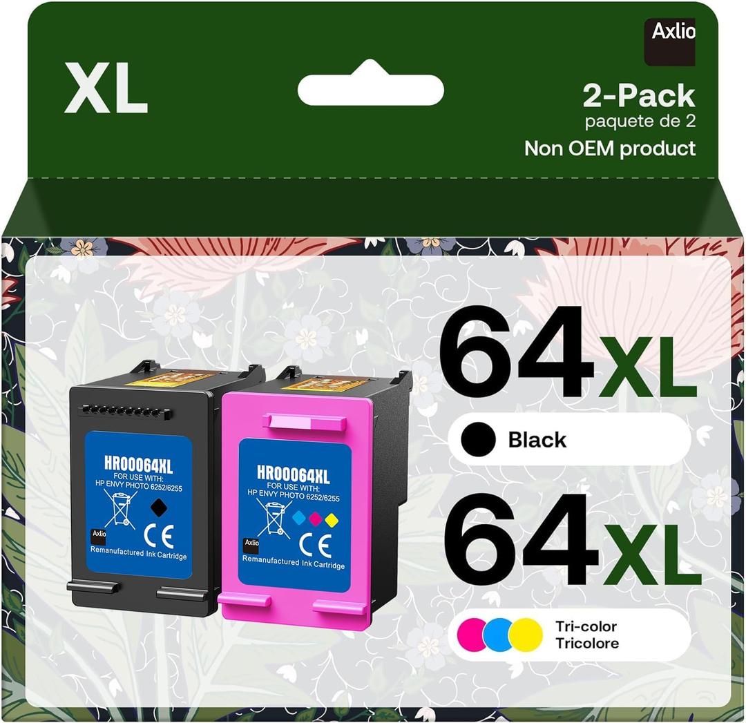 64XL Ink Cartridge Combo Pack Replacement for 64XL Ink Remanufactured Black and Color Combo Pack for Envy Photo 7858 7855 7120 7155 7158 7164 6255 6252 6232 Envy Inspire 7950e Tango Printer (2-Pack)