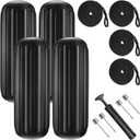 Boat Fenders 4 Pack 10 x 28 Inches Ribbed Center Hole Boat Fenders Bumpers for Docking, Comes with 4 Lines and Pump to Inflate (Black)