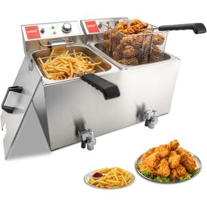 Valgus Dual Tanks Commercial Deep Fryer Electric 1700W 120V 26L Large Capacity Stainless Steel Countertop Kitchen Frying Machine with Basket & Lid, Drain System for Home Kitchen and Restaurant (13L+13L)