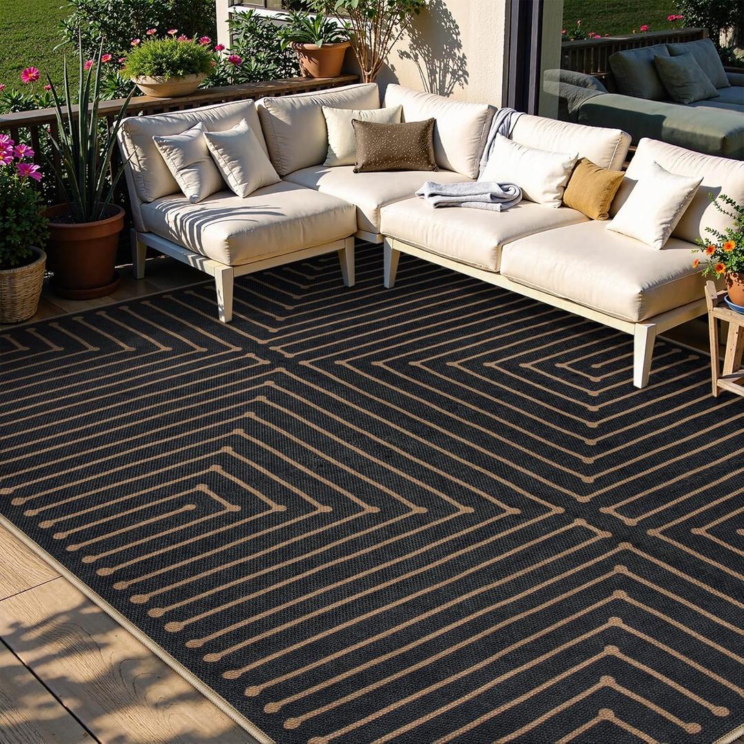 Lahome Neutral Geometric 8x10 Outdoor Rug, Black Washable Rug for Living Room Dining Room, Farmhouse Rhombus Non Slip Non Shedding Indoor Outdoor Carpet for Backyard Deck Office Classroom Decor