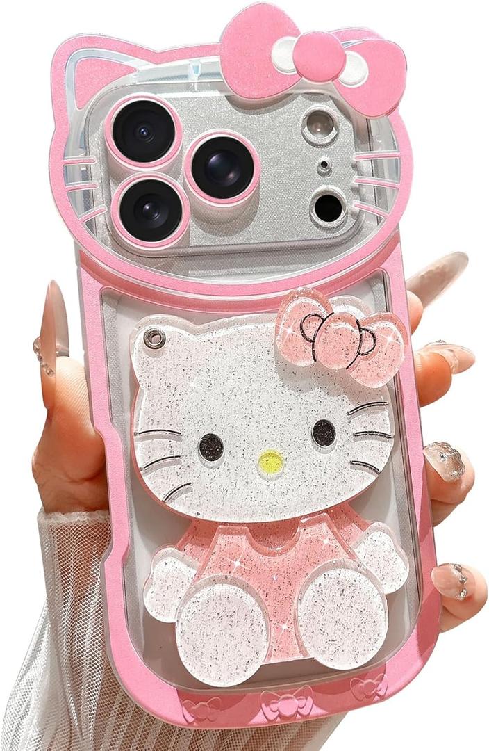 Cute Cartoon Case Designed for iPhone 17 Pro 6.3 inch, 3D Bow Funny Cartoon Cat Case with Makeup Mirror for Girls Women Soft Silicone Clear Shockproof Phone Cover for iPhone 17 Pro, Pink
