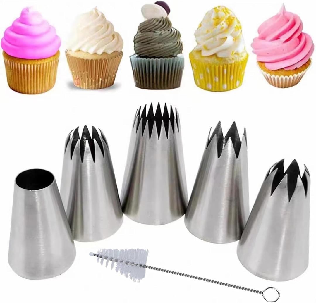 Extra Large Piping Tips, Seamless Stainless Steel Icing Piping Nozzle Tip Set, DIY Icing Nozzle Tool for Birthday Cake & Cupcakes, with a Cleaning Brush (1A 356 347 348 1E)