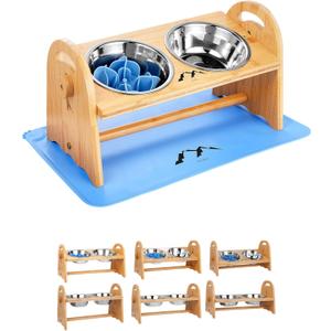 M1R4 Blue Elevated Dog Bowls Set, Adjustable Raised Dog Food Bowl Stand, 2 Stainless Steel Bowls, Silicone Waterproof Mat, Suction Slow Feeder, Durable Bamboo Stand, for Small/Medium Dogs and Cats