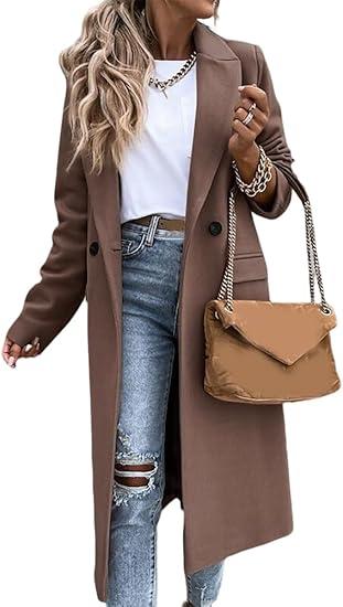 IDEALSANXUN Long Wool Coats for Women 2025 Trench Coat Fall Jackets Winter Coat Dressy Tweed Blazers Peacoat, Dark Khaki, XL