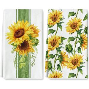 AnyDesign Sunflower Kitchen Dish Towel 18 x 28 Summer Flower Dishcloth Watercolor Floral Pattern Decorative Hand Drying Tea Towel for Summer Cooking Baking Bathroom Cleaning Wipes, Set of 2