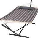 SUNCREAT Hammock with Stand 2 Person Heavy Duty, Freestanding Hammock with Spreader Bar, Soft Pillow, Gray Stripes, 147.6"L x 55.1"W