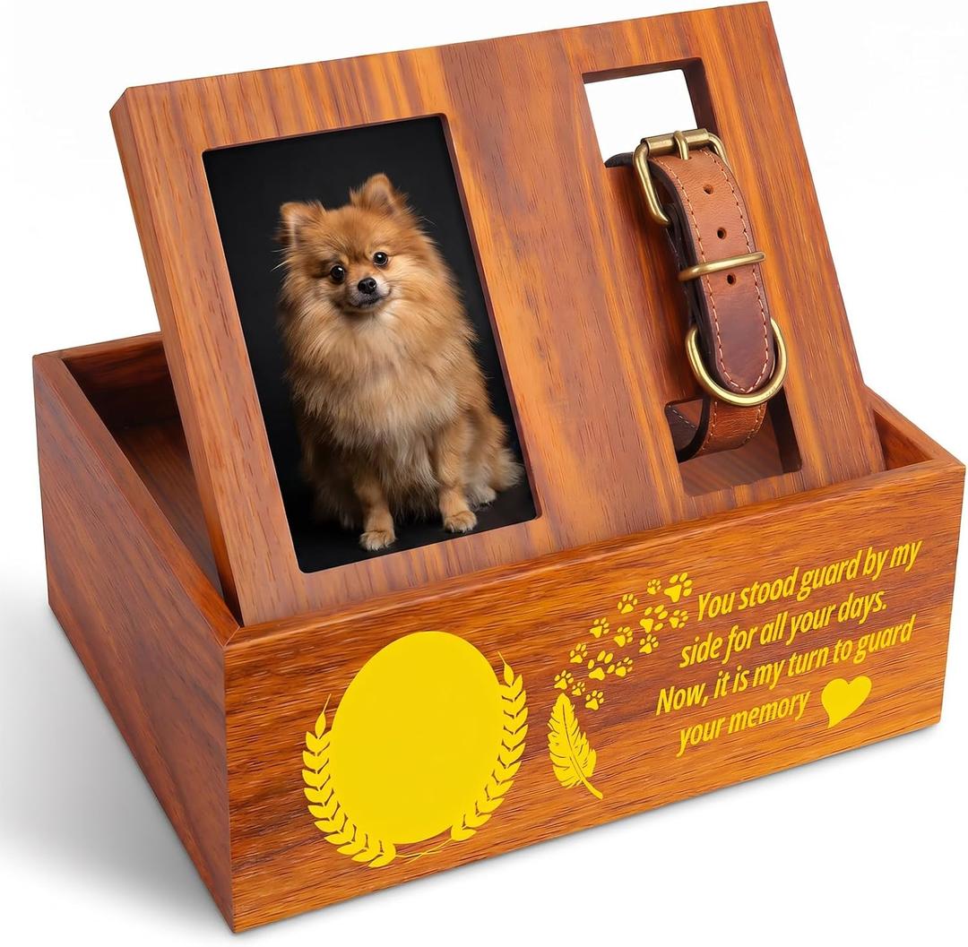 Pet Urns for Dog Cat Ashes, Wooden Dog Urn with Photo Frame, Cremation Urn Keepsake Memory Box with Small Collar Holder, Loss Pet Memorial Remembrance Gift, Vintage Color