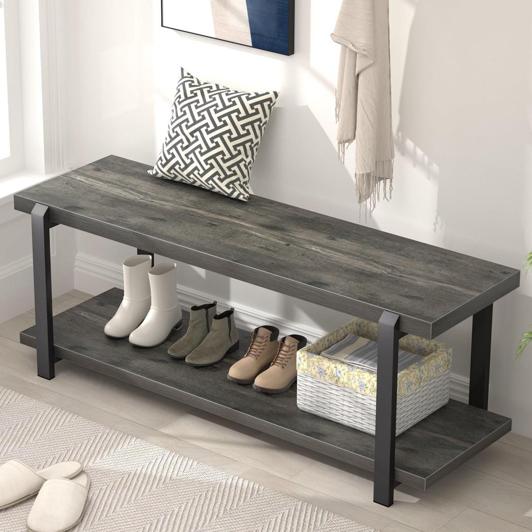Industrial Entryway Bench with Storage, Rustic Wood and Metal Shoe Rack Bench Seat, 47 Inch Grey, Large
