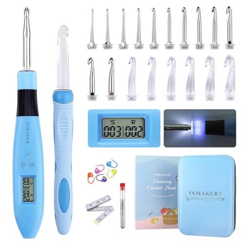 INMAKER Light up Crochet Hooks Ergonomic Soft Grip, Large Counting Crochet Hook Set Digital, Lighted Crochet Needles Kit with Case（Cannot Count Automatically）