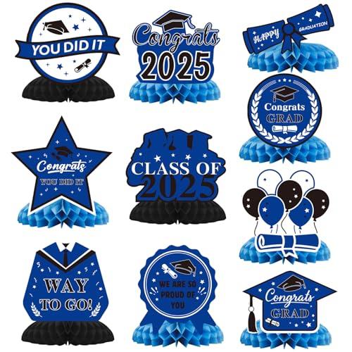 Graduation Decorations 2025, 10PCS Graduation Centerpieces for Table Blue Black Graduation Party Decoration Class of 2025 Congrats Grad Honeycomb Centerpieces Table Decor for Graduation Party Supplies