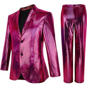 Nawgut Sequin Blazer Metallic Slim Suit 2 Piece Set Disco Prom Shiny Outfit Wedding Party Banquet Fashion Jacket Pant (XL)