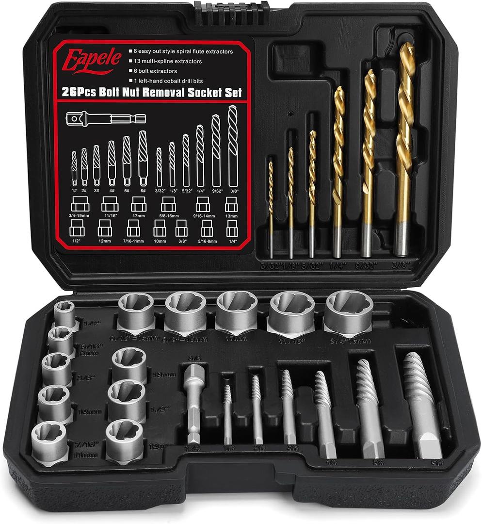 Eapele Bolt Extractor Set, Stripped Nut Remover Twist Sockets, Fit 3/8" Square Drive with Solid Storage Case(26pcs, Black)
