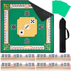 Breling Mahjong Mat Kit Wooden Mahjong Tiles Tray for Table Include Non Slip Noise Reduction Gaming Green Mat 31.5" Tile Mixer with Bag for Poker Card Game Dominoes