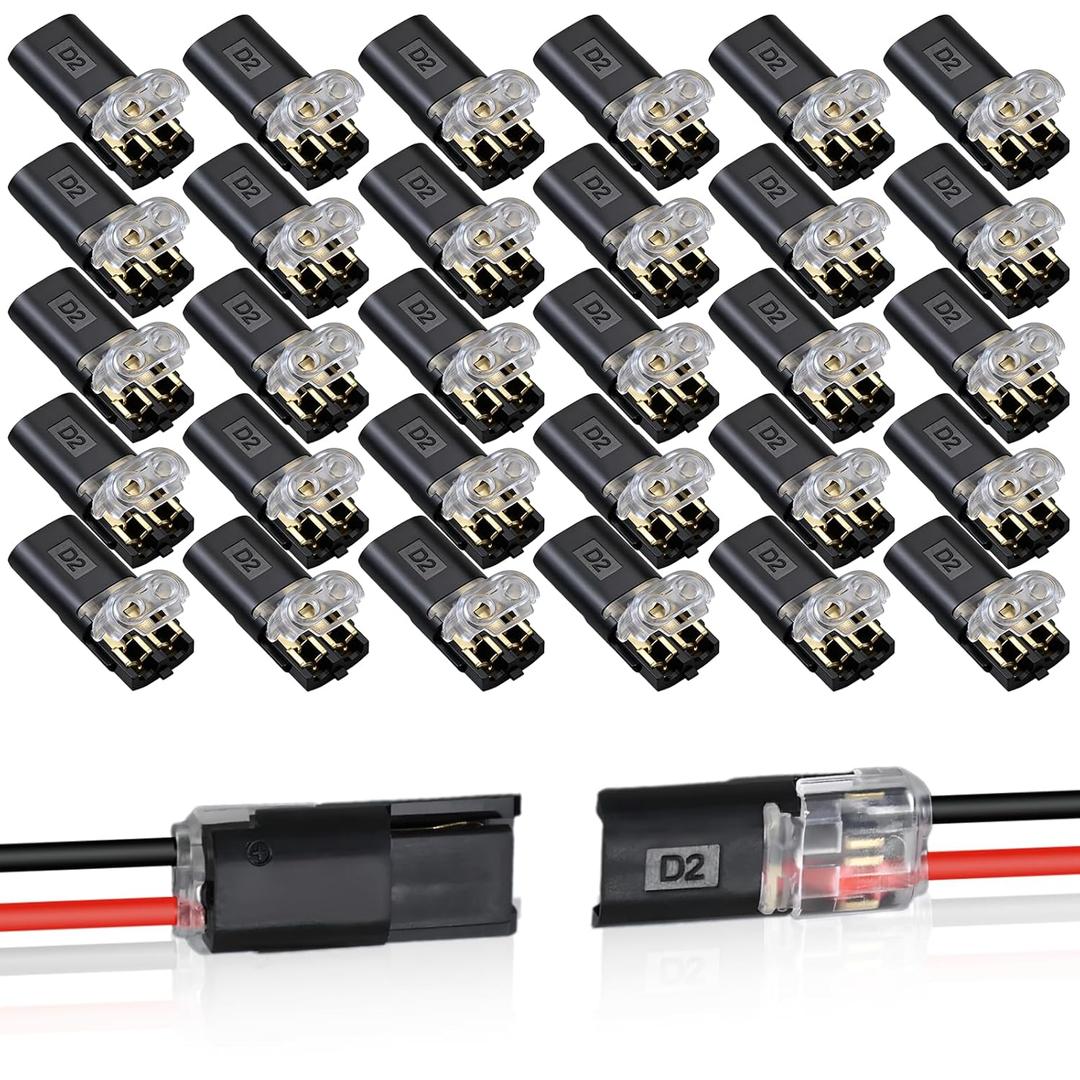 30PCS Double Wire Plug in Connector,Pluggable Low Voltage Wire Connector with Locking Buckle,Quick Disconnect Led Light Strip Connectors 2 Pin,No Wire Stripping Cutting 18-22AWG