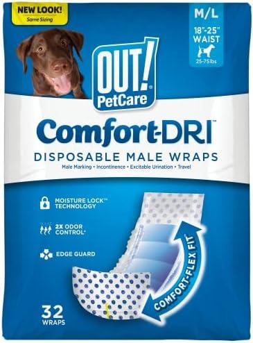 OUT! Petcare Disposable Dog Diapers Male, Potty Training, Male Dog Diapers, Puppy Training, Belly Bands, Pet Supplies, for Incontinence, Puppy Essentials, 18”-25” Waist, Medium/Large, 32 Count