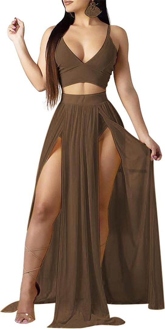 Women Sexy 2 Piece Outfits Dress Chiffon Strap Deep V Neck Bra Crop Top High Split Maxi Dresses Skirt Set (Small, Brown)