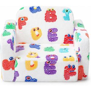 MeMoreCool Kids Folding Chair, 2-in-1 Foldable Kids Sofa Couch with Glow-in-the-Dark Alphabet Monster Print, Convertible Fold Out Lounge Seat with Washable Cover, Soft Foam Chair for Playroom