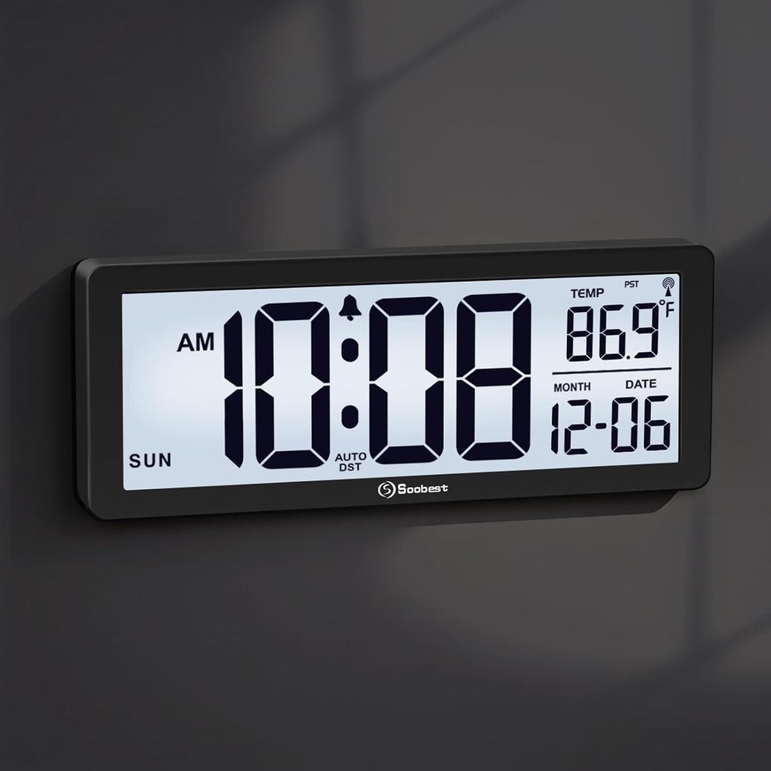 Soobest 8.5" Atomic Digital Wall Clock, Never Needs Setting, Auto Time Sync, Accurate & Easy to Use Clock with Backlight, Battery Operated, Temperature, Date, Auto DST, 4 Time Zones