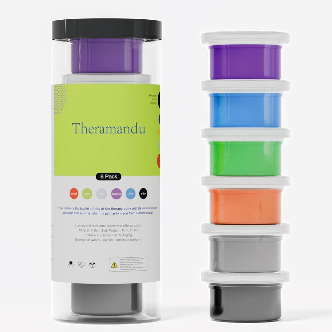 6 Pack Theramandu Therapy Putty Kit, Hand Strengthening and Sensory Therapy Putty for Exercise & Stress Relief, Therapy Putty for Kids and Adults, 6 Different Resistances, 3 Ounces of Each Putty