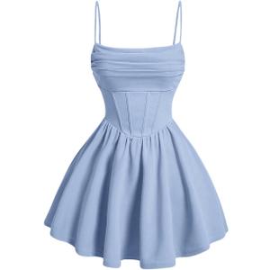 SHENHE Women's Ruched Corset Dress Spaghetti Strap Fit and Flare Flowy Skater Mini Cami Dress (Light Blue), Small
