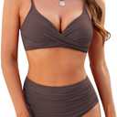 ZAFUL Women High Waisted Bikini Sets Two Piece Swimsuit Push Up Twist Front Ruched Bathing Suit (X-Large, Coffee)