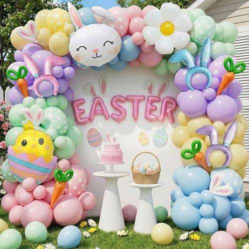 161PCS Easter Balloon Arch Garland kit with Rainbow Easter Balloon Garland Kit,Bunny, Carrot & Chicken Foil Balloons, Happy Easter Color Balloons for Easter Party Decorations, Spring Birthday
