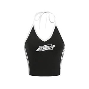 SHENHE Women's Summer Graphic Halter Cute Crop Top Sleeveless Letter Y2k Backless Casual Top Black Large