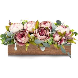 Pre-Made Flower Table Centerpieces for Dining Room Wedding Artificial Peony Table Decorations Wood Tray with Fake Flowers for Living Room Party Bar Kitchen Table(Vintage Pink)