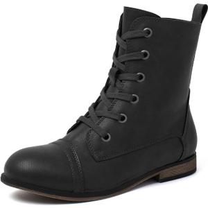 katliu Women's Combat Boots Lace up Military Ankle Boots Side Zipper Round Toe Booties (8.5, Black)