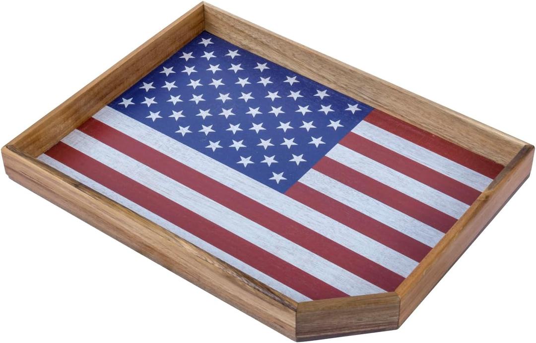 MyGift Patriotic American Flag Serving Tray Solid Acacia Wood Ottoman Coffee Table Tray with USA Stars and Stripes Design, 4th of July Party Decor
