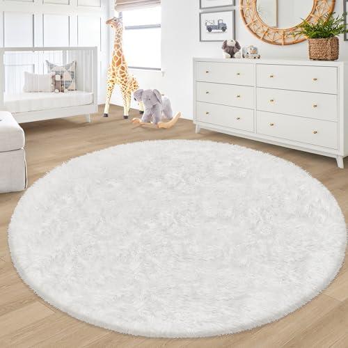 ATRUG 7 ft Round Fluffy Large White Rug for Bedroom,Tie Dyed Furry Round Carpet Non Slip Fuzzy Shaggy Plush Circle Area Rug for Living Room Room Nursery Room Playroom Kids Room Home Decor Washable