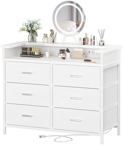 BOLUO White Dresser with Mirror, Fabric Dressers 6 Drawer Dresser for Bedroom with Charging Station, Vanity Dresser for Girls Modern