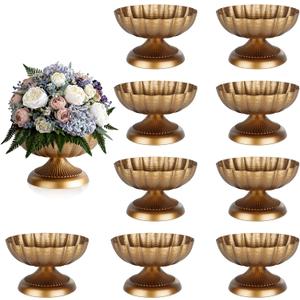 10 Pcs Compote Bowl Vases for Centerpieces Small Urn Vase, Retro Golden Small Pedestal VaSe Pot, Flower Arrangement for Wedding Anniversary Party Home Decor, Antique Brass