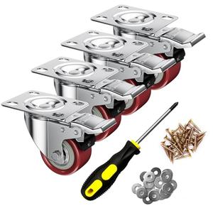 2 Inch Caster Wheels, Casters Set of 4, ASHGOOB Red Polyurethane (PU) Casters with Brake Heavy Duty, Industrial Locking Swivel Top Plate Castor Wheels for Workbench/Furniture/Cart