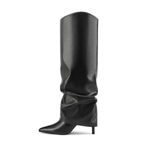 Vaslemuse Womens Knee High Boots Fold Over Stiletto Heels Slouchy Boots Pointed Toe Sexy Long Boots Shark Tall Shoes with Side Zipper - Black 6.5