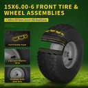 2 PCS 15x6.00-6 Lawn Mower Tires and Wheel, Tire Assembly Replacement for Riding Lawn Mower Front Tires, 3/4" Bearing, 3" Centered Hub, 4 Ply Pneumatic