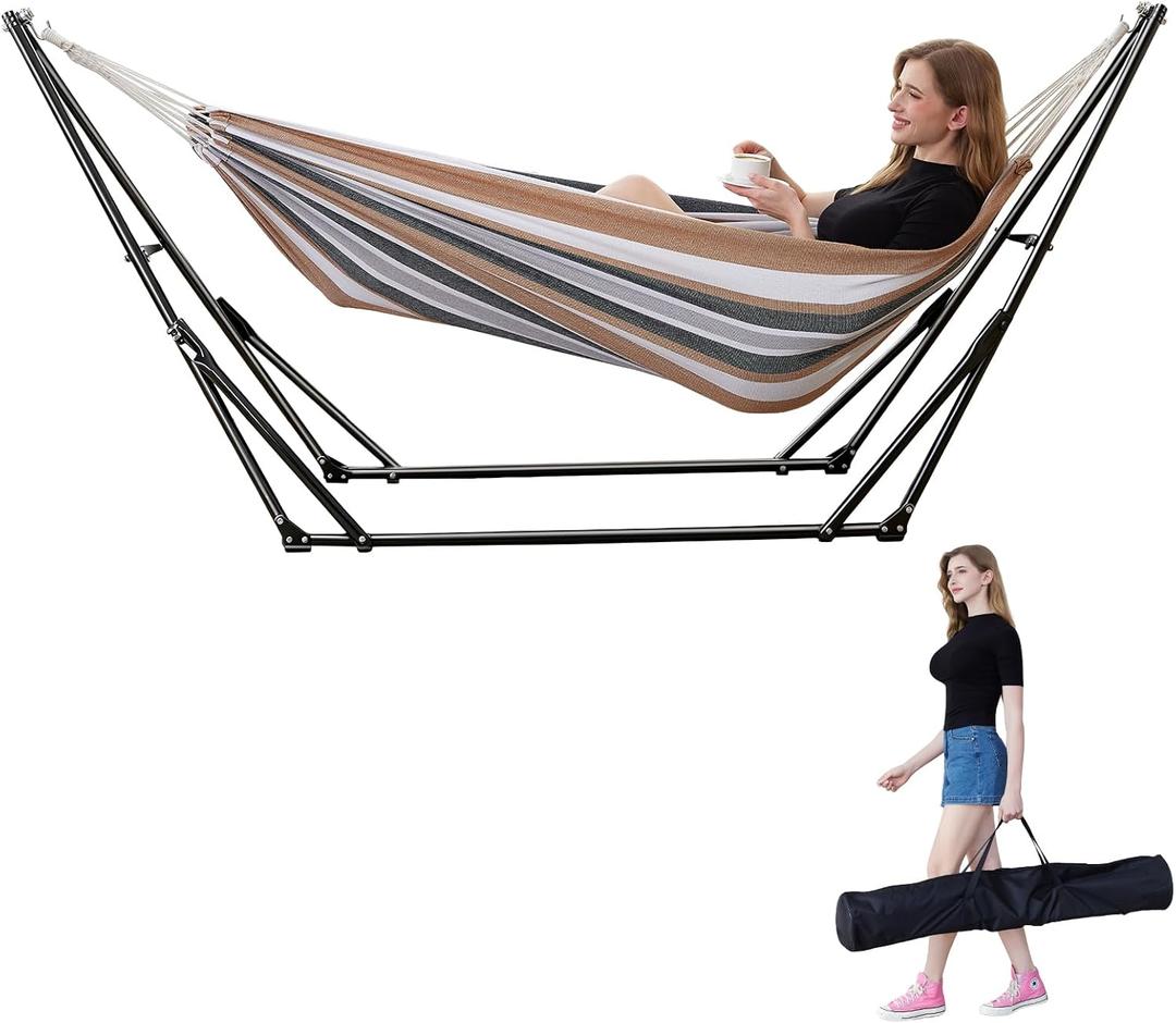 Hammock with Foldable Steel Stand,Frabic Tension Adjustable Indoor,Carrying Bag Included, 616 lbs Weight Capacity, Portable Suitable for Outside Garden Yard Outdoor Inhouse Yellow