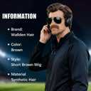 Mens Short Brown Wig + Mustache + Sunglasses + Wig Cap for 70s 80s Costume Funny Synthetic Male Wigs for Cosplay Halloween Party