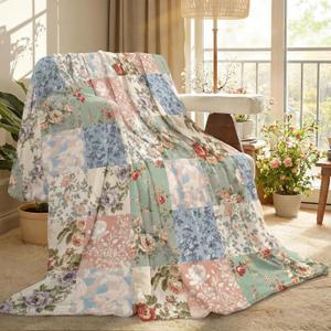 Hahafelt Boho Pastel Floral Throw Blanket Ultra Soft Fleece Patchwork Blanket for Couch and Bed Holiday Theme Cozy Throw Decoration Warm Gift for Spring Summer, 50 x 60 Inches Pastel Flower