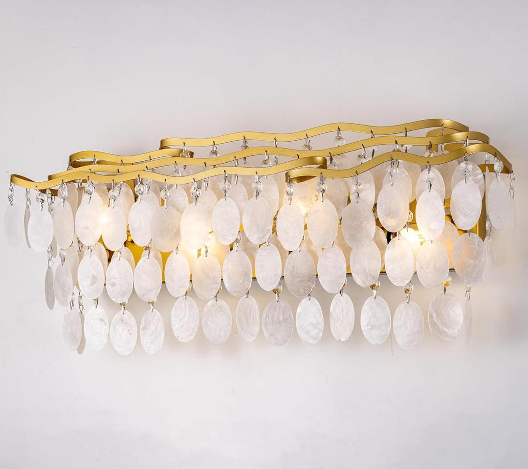 Wellmet Brushed Gold Bathroom Light Fixtures, 4-Light Capiz Shell Vanity Light, Modern Wall Sconces for Mirror, Cabinets, Bedroom, Hallway,Living Room, 27.2" W