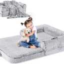 Human Dog Bed for Kids, 2 in 1 Foldable XL Bed for People Fits Pet Families, Orthopedic Calming Memory Foam Dog Sofa, Faux Fur Human Size Pet Bed with Blanket, 54"x38"x8.5", Grey