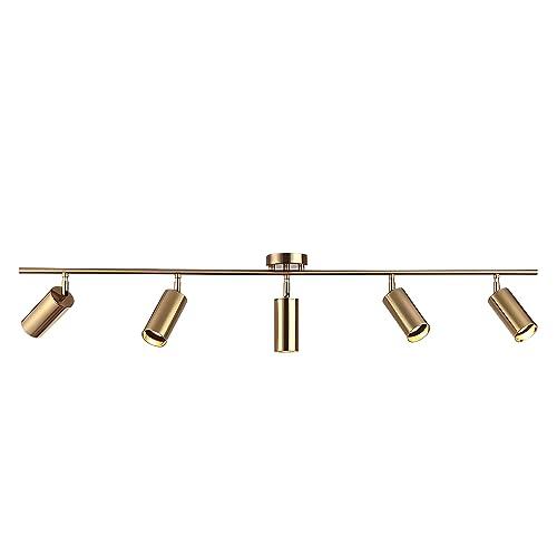 BOKT 5-Light LED Track Lighting Fixtures Ceiling Gold Modern 5 Way Spotlight Fixture Indoor Spot Lighting Mid Century Vintage Linear Kitchen Track Lighting Kit Brushed Brass Picture Light