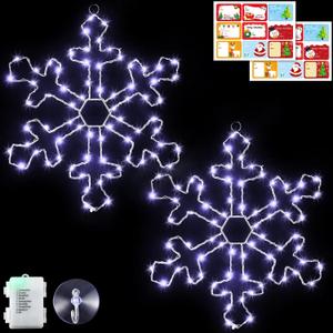 Hiboom 2 Pack Christmas Window Lights, 12 Inch Snowflake Lighted Decorations Wrapped with LED String Lights, 8 Modes Battery Powered Christmas Window Light for Xmas Indoor Decor (Cool White)