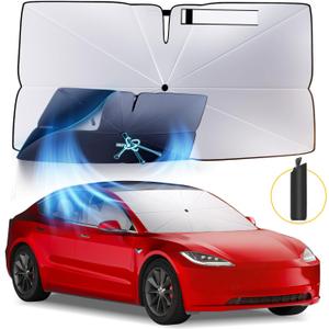 Windshield Sun Shade Umbrella Compatible with Tesla Model 3 2016-2024 2025: Highland Front Car Window Shades - Foldable Model 3 Sunshades Block UV Keep Cool (Thickened-for Model 3 (Blocks 99% of UV & Heat))